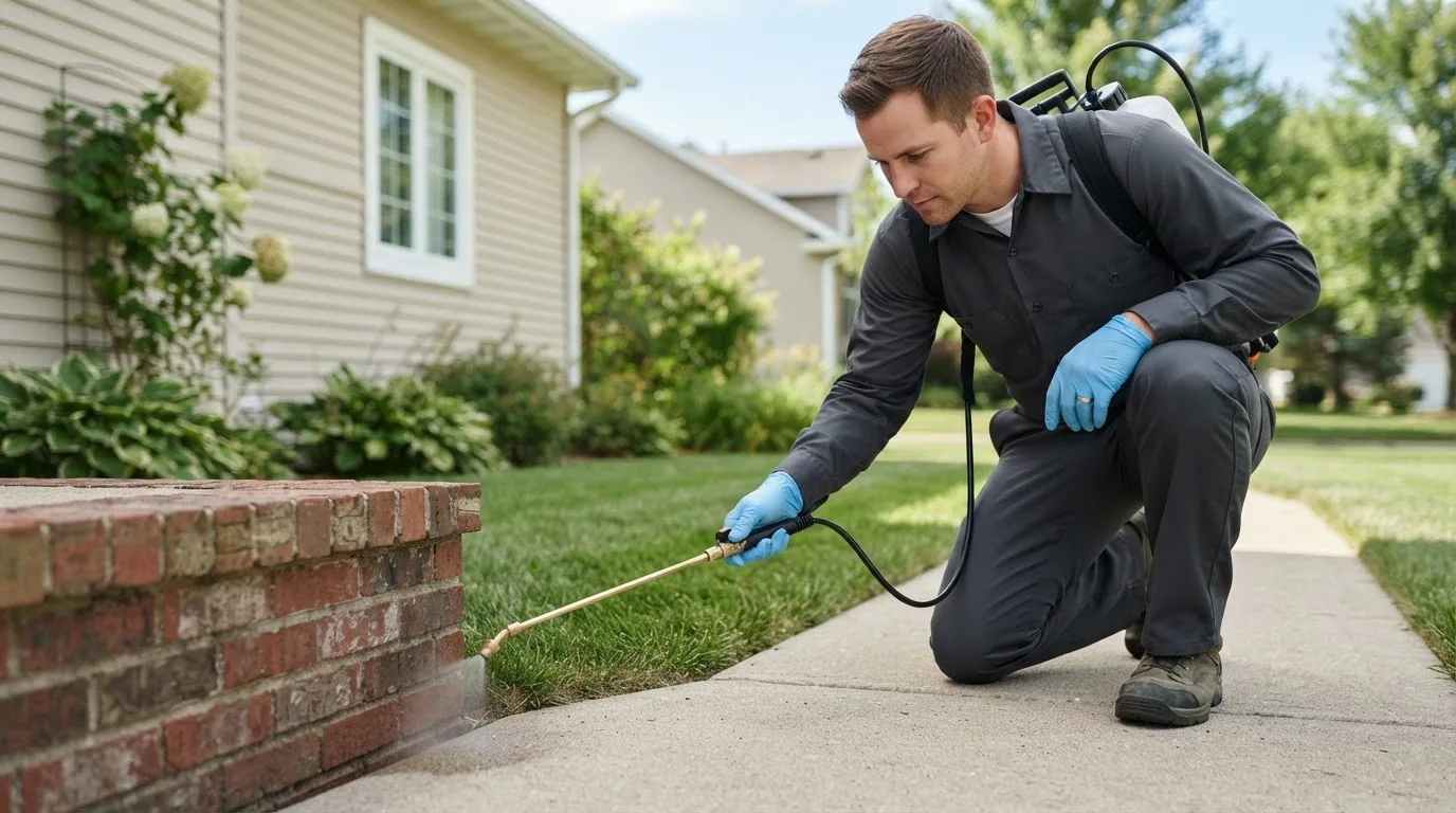 Pest control technician treating a home near Elwell, MI