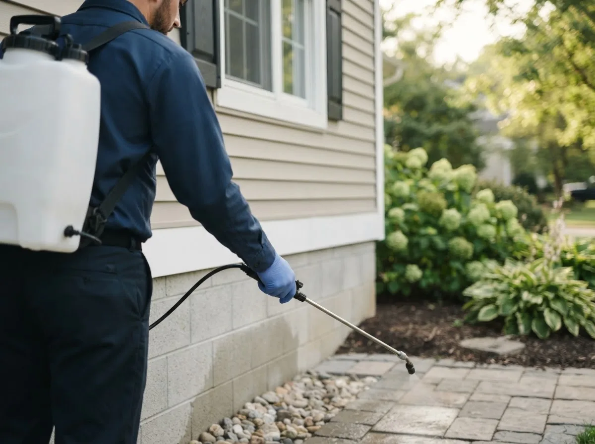 Pest control technician inspecting a home in Elwell, MI